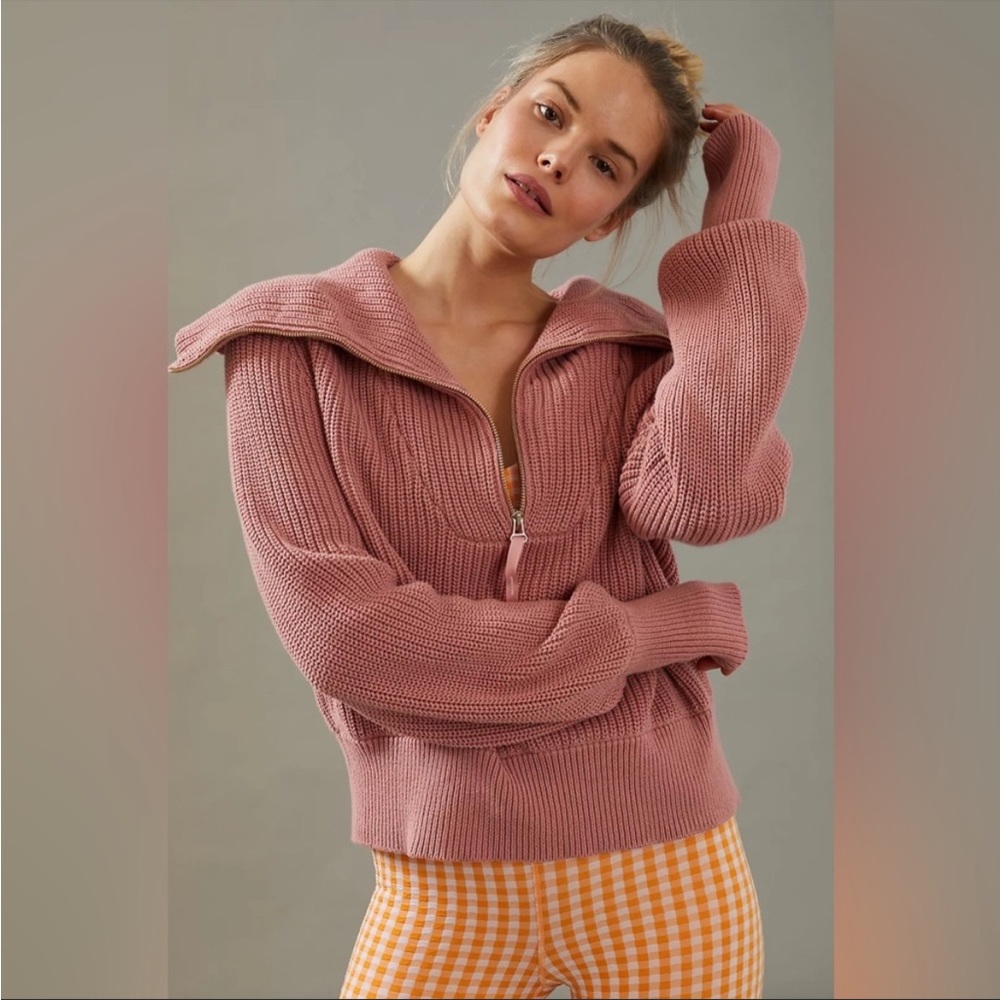VARLEY pure cotton quarter zip cropped boxy mauve pink sweater size medium
